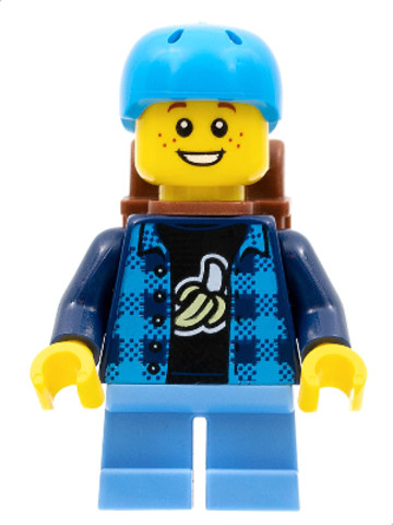 LEGO® Minifigurák cty1332 - Skateboarder - Boy, Banana Shirt, Dark Azure Helmet, Backpack, Medium Blue Short Legs