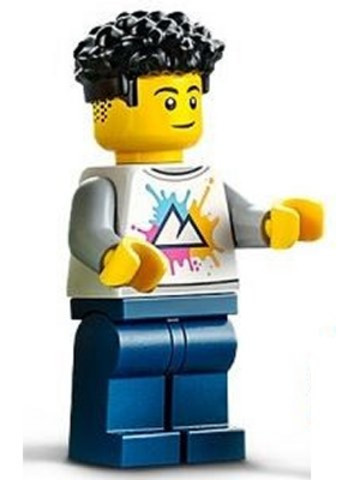 LEGO® Minifigurák cty1340 - Male, White Shirt with Mountains, Dark Blue Legs, Black Coiled Hair