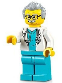 Doctor - Male, White Lab Coat with Stethoscope, Medium Azure Scrubs, Light Bluish Gray Hair, Glasses