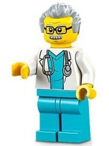 LEGO® Minifigurák cty1341 - Doctor - Male, White Lab Coat with Stethoscope, Medium Azure Scrubs, Light Bluish Gray Hair, Glasses