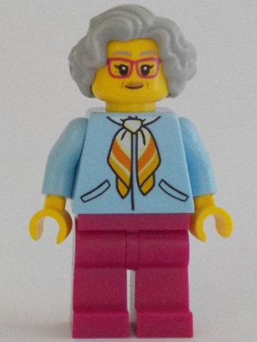 LEGO® Minifigurák cty1342 - Woman, Bright Light Blue Jacket, Magenta Legs, Light Bluish Gray Hair, Magenta Glasses
