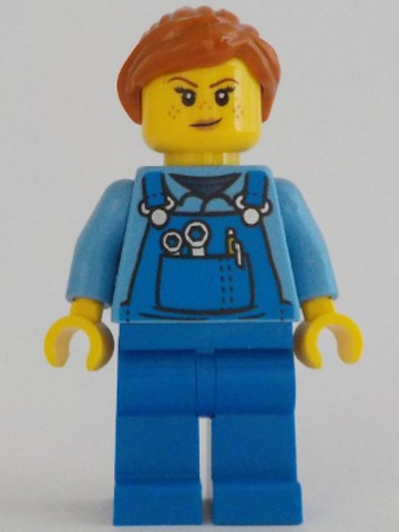 LEGO® Minifigurák cty1348 - Janitor - Female, Medium Blue Shirt and Blue Overalls, Blue Legs, Dark Orange Hair