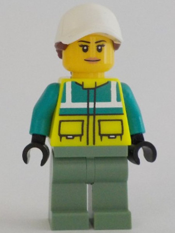LEGO® Minifigurák cty1349 - Ambulance Driver - Female, Dark Turquoise and Neon Yellow Safety Vest, Sand Green Legs