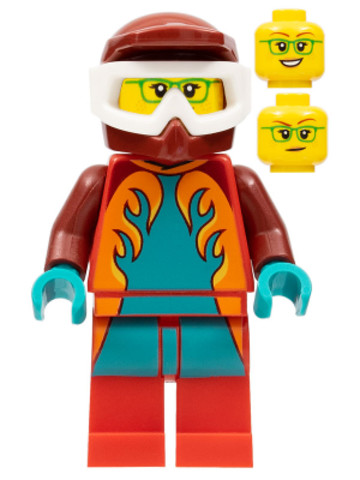 LEGO® Minifigurák cty1351 - Freya McCloud - Stuntz Driver, Dark Red Jumpsuit with Dark Turquoise and Orange Flames, Red Legs, Da