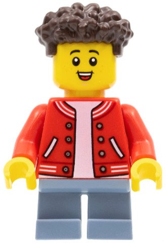 LEGO® Minifigurák cty1352 - Boy, Red Jacket with Striped Trim, Sand Blue Short Legs, Dark Brown Hair