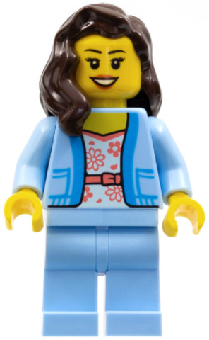 LEGO® Minifigurák cty1354 - Female, White Shirt with Coral Flowers, Bright Light Blue Jacket and Legs, Dark Brown Hair