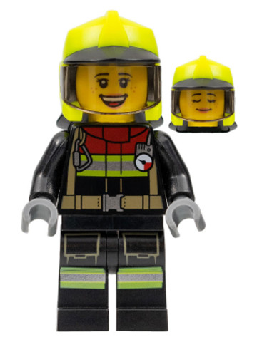 LEGO® Minifigurák cty1356 - Fire - Female, Black Jacket and Legs with Reflective Stripes and Red Collar, Neon Yellow Fire Helmet