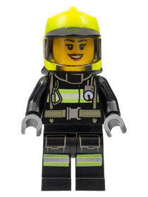 Fire - Female, Black Jacket and Legs with Reflective Stripes, Neon Yellow Fire Helmet, Trans-Black V