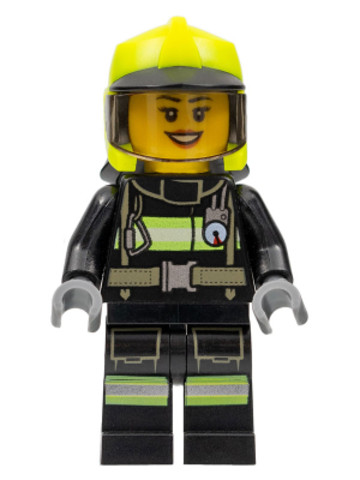 LEGO® Minifigurák cty1357 - Fire - Female, Black Jacket and Legs with Reflective Stripes, Neon Yellow Fire Helmet, Trans-Black V