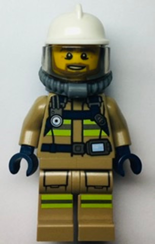 LEGO® Minifigurák cty1359 - Fire - Reflective Stripes, Dark Tan Suit, White Fire Helmet, Open Mouth with Beard, Breathing Neck G