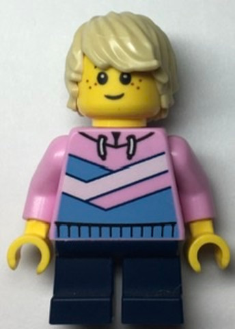 LEGO® Minifigurák cty1361 - Bright Pink Hoodie, Medium Blue and White Diagonal Stripes, Dark Blue Short Legs, Tan Hair, Freckles