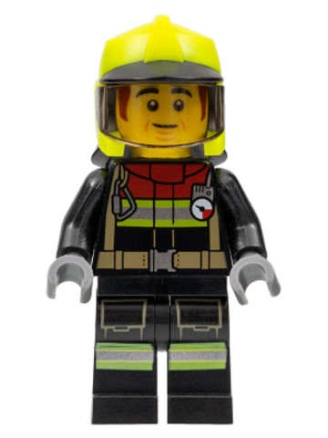 LEGO® Minifigurák cty1362 - Fire - Male, Black Jacket and Legs with Reflective Stripes and Red Collar, Neon Yellow Fire Helmet, 
