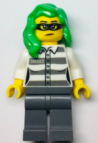 LEGO® Minifigurák cty1364 - Police - Jail Prisoner 50382 Prison Stripes, Female, Dark Bluish Gray Legs, Frown with Black Mask, G