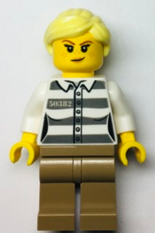 LEGO® Minifigurák cty1368 - Police - Jail Prisoner 50382 Prison Stripes, Female, Dark Tan Legs, Smirk with Peach Lips, and Brigh