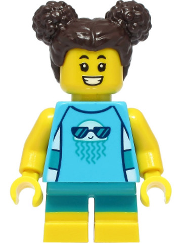 LEGO® Minifigurák cty1386 - Girl - Medium Azure Sleeveless Jellyfish Shirt, Dark Turquoise Short Legs, Dark Brown Hair
