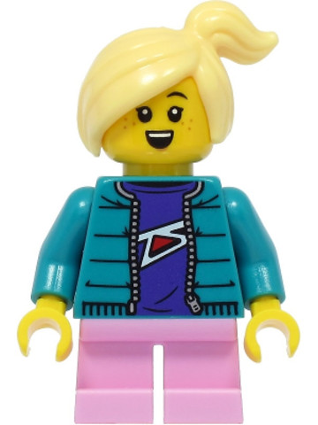LEGO® Minifigurák cty1392 - Girl - Dark Turquoise Jacket, Bright Pink Short Legs, Bright Light Yellow Hair