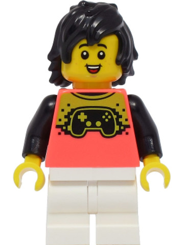 LEGO® Minifigurák cty1394 - Boy - Coral Shirt with Video Game Controller, White Medium Legs, Black Hair