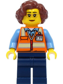 School Bus Driver - Female, Orange Safety Vest with Reflective Stripes, Dark Blue Legs, Reddish Brow