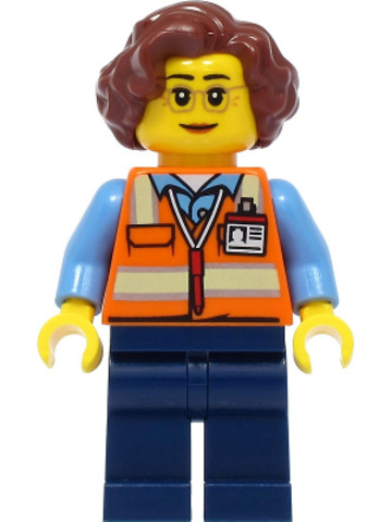 LEGO® Minifigurák cty1396 - School Bus Driver - Female, Orange Safety Vest with Reflective Stripes, Dark Blue Legs, Reddish Brow