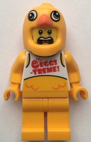 Clemmons - Stuntz Driver, Bright Light Orange Chicken Head Helmet, White Tank Top with 'EGGS-TREME!'