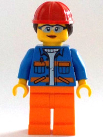 Construction Worker - Female, Blue Open Jacket with Pockets and Orange Stripes, Orange Legs, Red Con