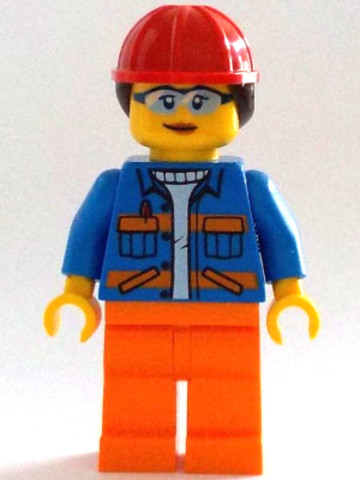 LEGO® Minifigurák cty1402 - Construction Worker - Female, Blue Open Jacket with Pockets and Orange Stripes, Orange Legs, Red Con