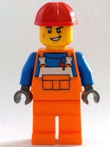 LEGO® Minifigurák cty1403 - Construction Worker - Male, Orange Overalls with Reflective Stripe and Buckles over Blue Shirt, Oran