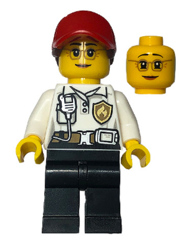LEGO® Minifigurák cty1417 - Fire - Female White Shirt with Fire Logo Badge and Belt, Black Legs, Red Cap with Ponytail