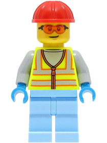 Space Engineer - Male, Neon Yellow Safety Vest, Bright Light Blue Legs, Red Construction Helmet, Ora