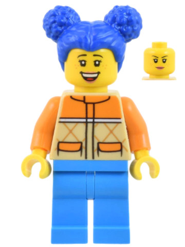 LEGO® Minifigurák cty1439 - Woman - Tan and Orange Quilted Vest, Dark Azure Legs, Blue Pigtails, Freckles