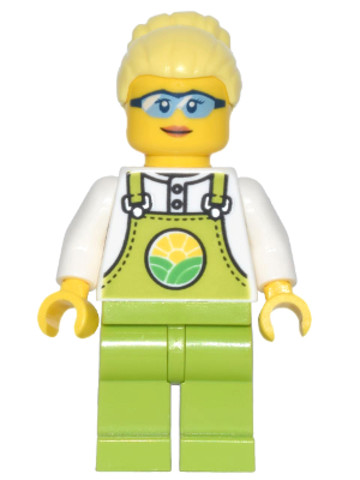 LEGO® Minifigurák cty1441 - Farmer Peach - Lime Overalls over White Shirt, Lime Legs, Bright Light Yellow High Bun, Glasses