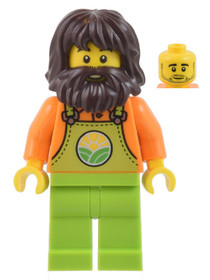 Farmer - Male, Lime Overalls over Orange Shirt, Lime Legs, Dark Brown Shaggy Hair and Beard