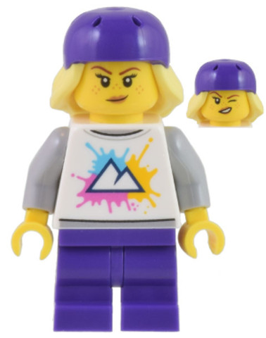 LEGO® Minifigurák cty1450 - Electric Scooter Rider - White Shirt with Mountains, Dark Purple Medium Legs, Freckles, Dark Purple 