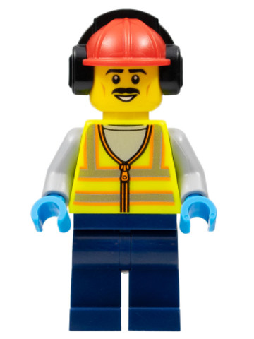 LEGO® Minifigurák cty1455 - Stuntz Crew, Male, Red Hard Hat with Earmuff, Neon Yellow Safety Vest, Dark Blue Legs