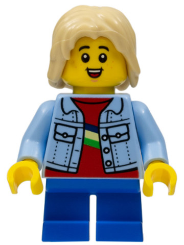 LEGO® Minifigurák cty1459 - Stuntz Spectator - Child, Long Tan Hair, Bright Light Blue Jacket over Red Shirt, Blue Short Legs