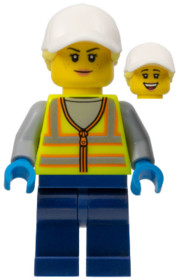 Forklift Driver - Female, Neon Yellow Safety Vest, Dark Blue Legs, White Cap with Bright Light Yello