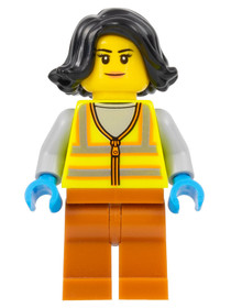 Recycling Worker - Female, Neon Yellow Safety Vest, Dark Orange Legs, Black Hair
