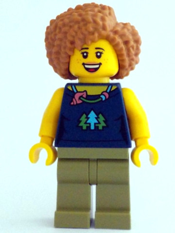 LEGO® Minifigurák cty1523 - Female, Dark Blue Top with Trees and Necklace, Olive Green Legs, Medium Nougat Hair