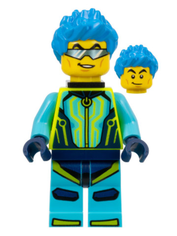LEGO® Minifigurák cty1527 - Stuntz Driver - Male, Medium Azure and Neon Yellow Jumpsuit, Dark Azure Spiked Hair, Black Neck Brac