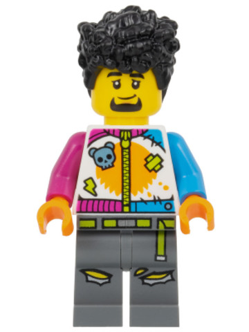 LEGO® Minifigurák cty1531 - Stuntz Driver - Male, White Jumpsuit with Magenta and Dark Azure Arms, Dark Bluish Gray Legs, Black 