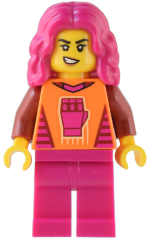 LEGO® Minifigurák cty1540 - Gaming Tournament Participant - Female, Orange T-Shirt with Fist, Magenta Legs, Magenta Hair