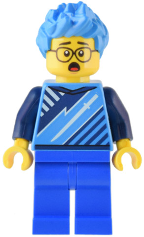 LEGO® Minifigurák cty1541 - Gaming Tournament Participant - Male, Dark Azure T-Shirt with Sword, Blue Legs, Dark Azure Hair