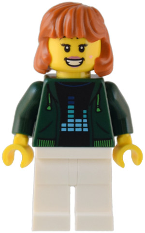 LEGO® Minifigurák cty1542 - Gaming Tournament Spectator - Female, Dark Green Hoodie with Bright Green Drawstrings, White Legs, D