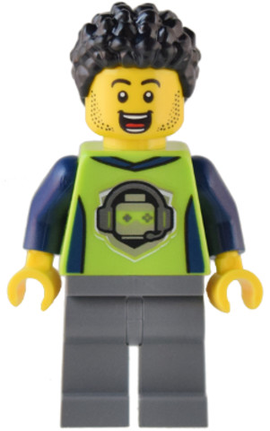 LEGO® Minifigurák cty1543 - Gaming Tournament Announcer - Male, Lime T-Shirt with Gaming Logo, Dark Bluish Gray Legs, Black Hair