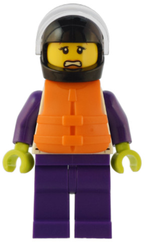LEGO® Minifigurák cty1550 - Speedboat Raft Driver - Female, White Jacket with Dolphin, Dark Purple Legs, Black Helmet, Trans-Cle