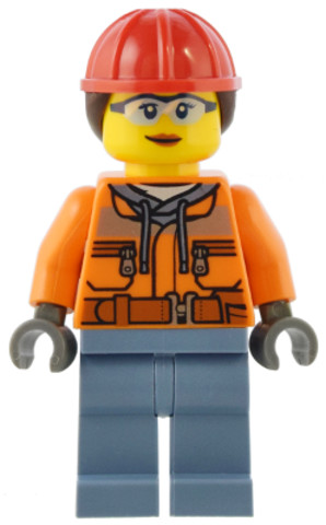 LEGO® Minifigurák cty1554 - Construction Worker - Female, Orange Safety Jacket, Reflective Stripe, Sand Blue Hoodie, Sand Blue L