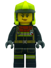 Fire - Female, Black Jacket and Legs with Reflective Stripes and Red Collar, Neon Yellow Fire Helmet