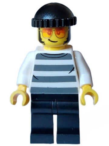 LEGO® Minifigurák cty1558 - Police - City Bandit Crook Male, White Shirt with Dark Bluish Gray Prison Stripes, Black Legs, Black