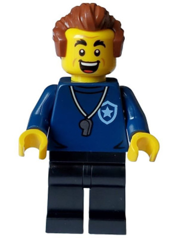 LEGO® Minifigurák cty1559 - Police - City Trainer Academy Male, Dark Blue Shirt, Silver Whistle, Black Legs, Reddish Brown Hair,