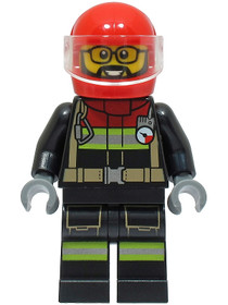Fire - Male, Black Jacket and Legs with Reflective Stripes and Red Collar, Red Helmet, Trans-Clear V